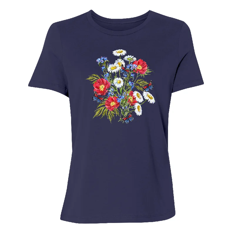 Patriotic Floral Women's T-Shirt Embroidered Appliqued Beaded