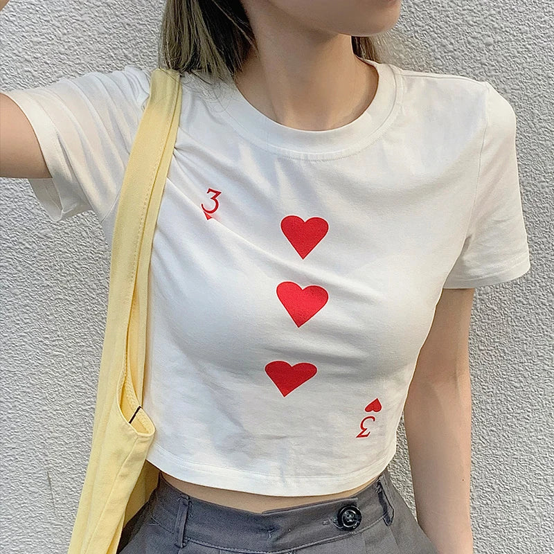 Lunivop Gothic Punk E-girl Tee poker print T-shirt 90s streetwear summer women's vintage casual O-neck basic crop top y2k Harajuku Slim Asymmetrical Pockets Print