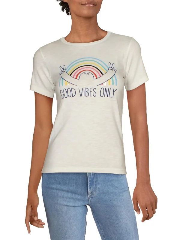 Juniors Good Vibes Only Womens Graphic Short Sleeve T-Shirt Beaded Sequined Faux Fur