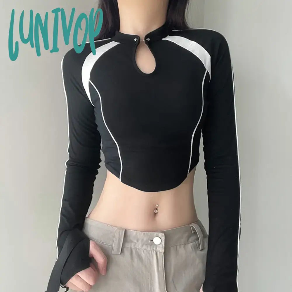 Lunivop Harajuku Motorcycle Style Crop Top Y2K Autumn Hollow Out Stripe Patchwork Slim Long Sleeve T-Shirts 90s Sexy Vintage Streetwear Cozy Warm Stylish