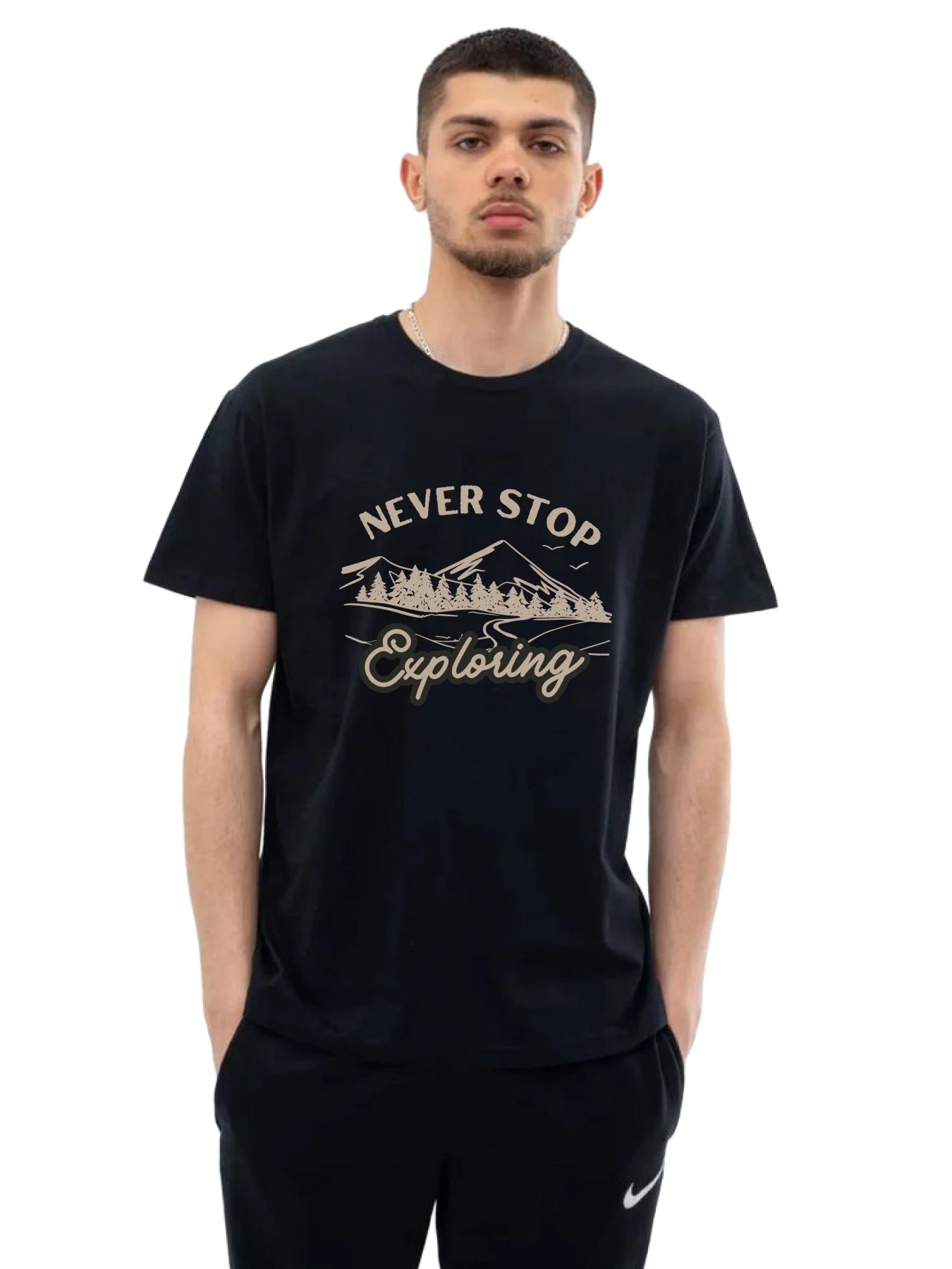 Never Stop Exploring  - Unisex T-Shirt Hooded Caped Shawl Collar