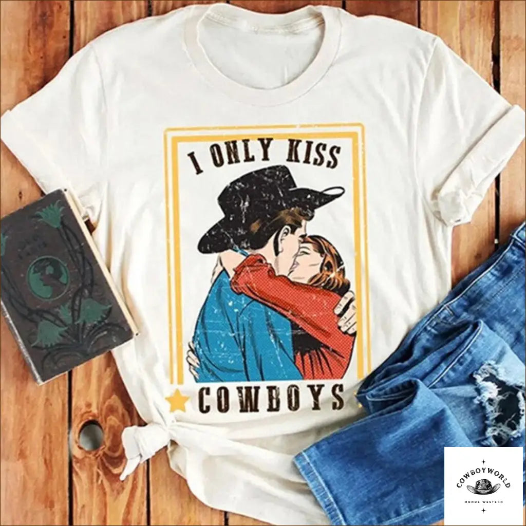 T-Shirt Western I Only Kiss Cowboys Zippered Front Buttoned Front Snap Front