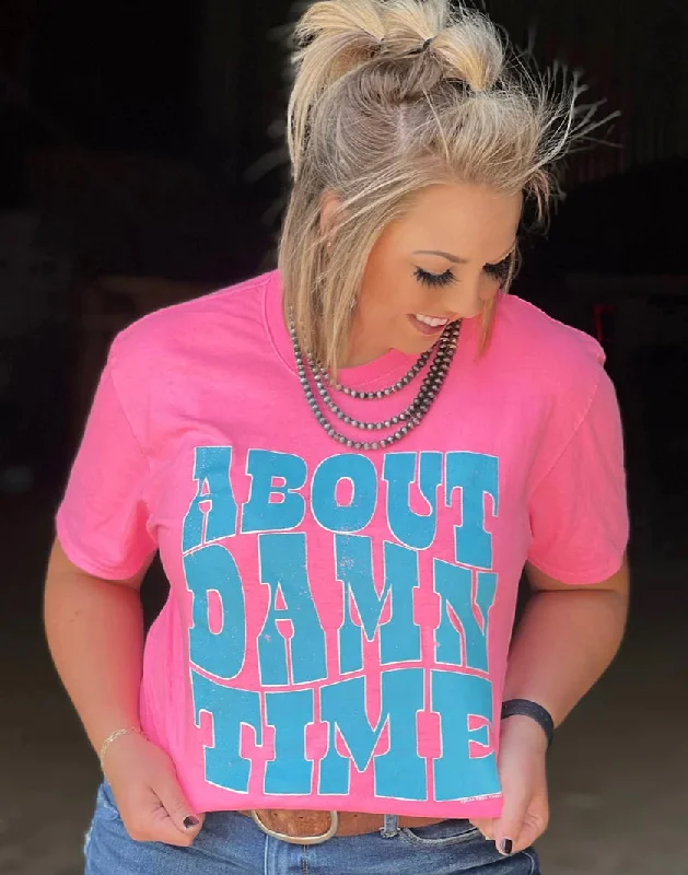 Texas True Threads Comfort Colors "About Damn Time" Tee, Pink & Aqua - Exclusive Mesh Canvas Denim