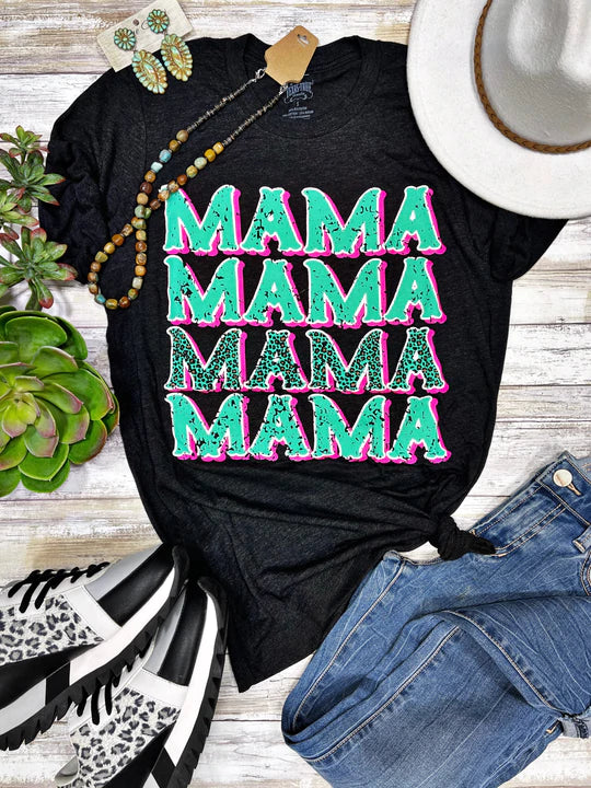 Texas True Threads Leopard "Mama" Repeat Tee, Charcoal - Exclusive Machine Wash Dry Clean Hand Wash