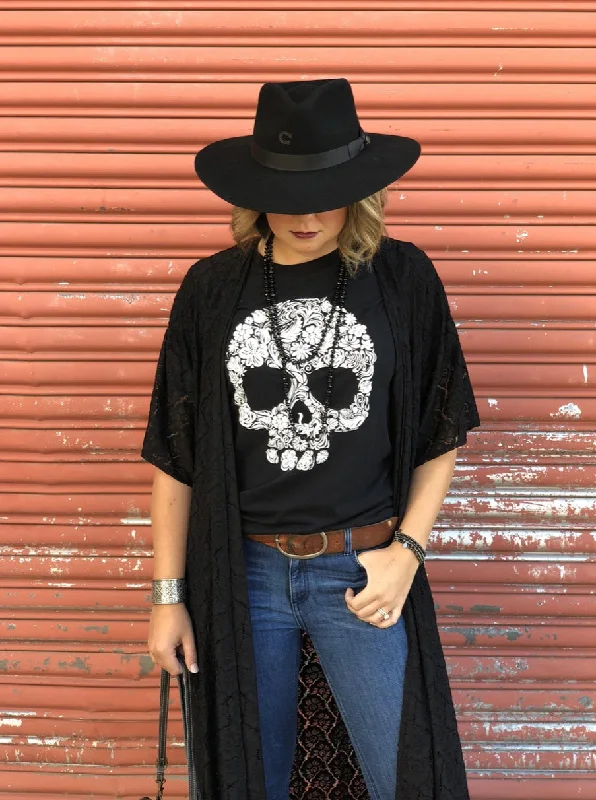 Texas True Threads Sugar Skull Tee, Black - Exclusive Silk Blend Satin Velvet