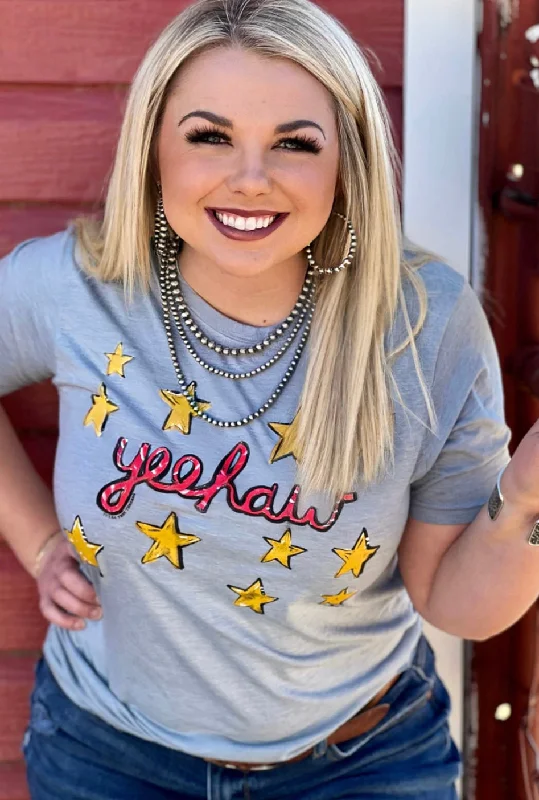 Texas True Threads "Yeehaw" Stars Tee, Grey - Exclusive Anti-Shrink Durable Soft