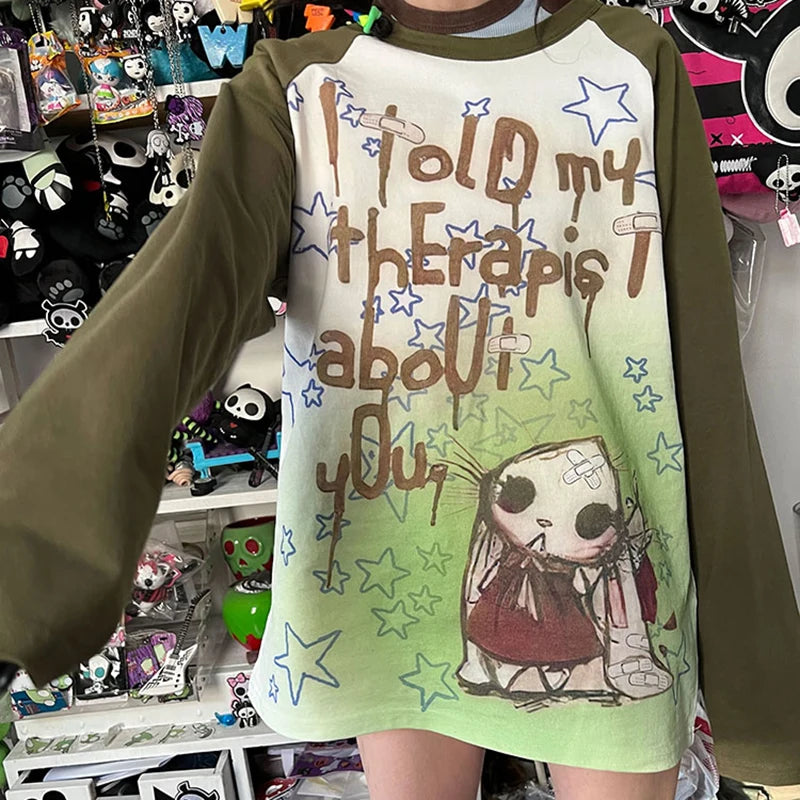 Y2k Clothes Cartoon Star Graffiti Print Punk T-shirt Green Raglan Sleeves Loose Casual Aesthetic Long Sleeve Top Grunge Y2k Zippered Front Buttoned Front Snap Front