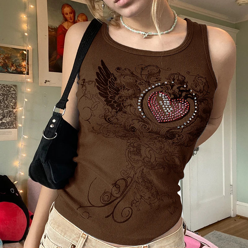 Y2k Fairy Grunge Love Wings Rhinestone Graphic Tank Tops Fairy Grunge 90's Aesthetic Clothes Black Ribbed Sleeveless T-Shirts Fitted T-Shirt Seamless Stretchy