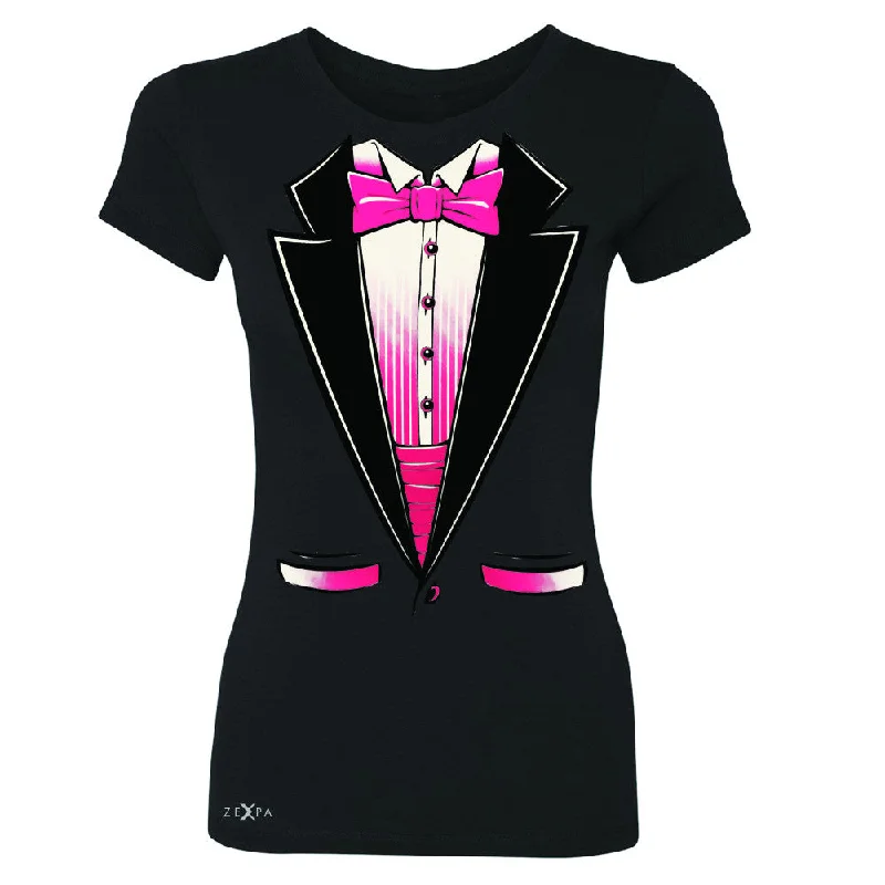 Zexpa Apparel™ Pink Smokin Tuxedo Cool Women's T-shirt Halloween Costume Tee Notch Collar Peter Pan Collar Cowl Neck