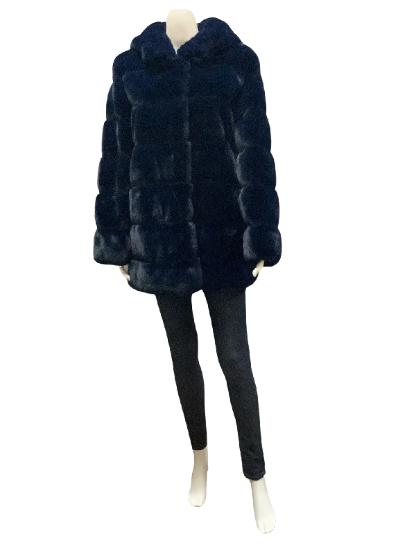 BCBG Maxazria Women's Coat Blue Hooded Faux Fur Size:S Cropped Moto Jacket