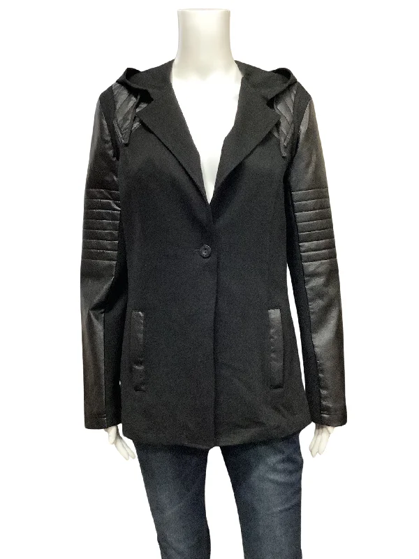 Blanc Noir Women's Coat Black Hooded Faux Leather Detail Size: S Longline Wool Coat