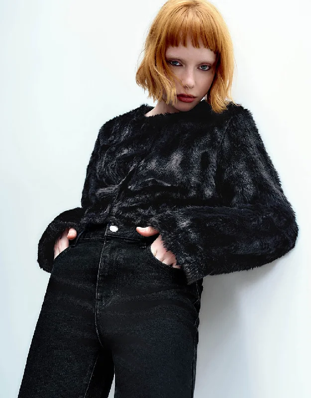 Crew Neck Furry Coat Vintage Suede Jacket