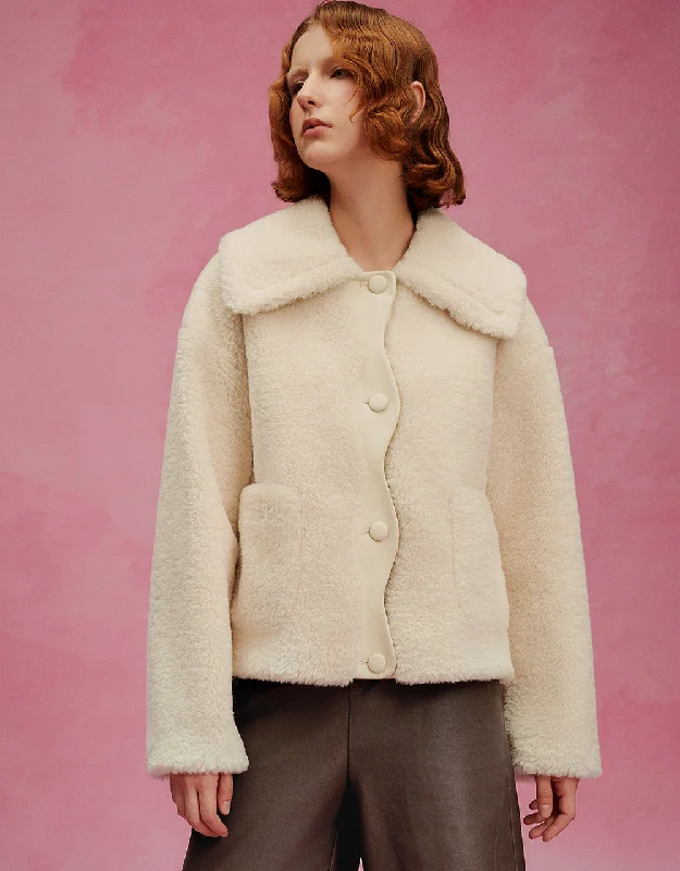 Drop Shoulder Sleeve Furry Coat Collared Pea Coat