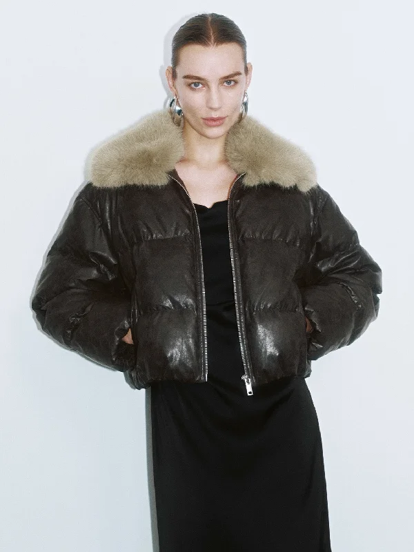 Fur Collar Leather Down Outerwear Open-Knit Duster Coat