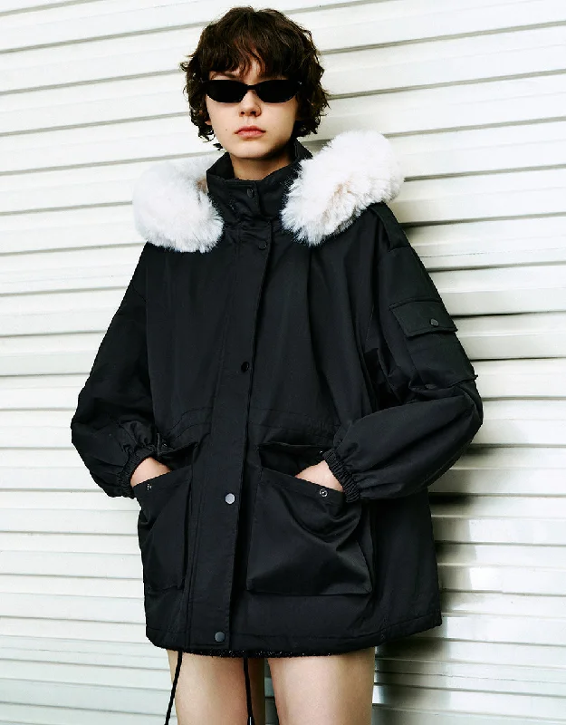 Hooded Padded Coat With Furry Collar Belted Crossover Blazer