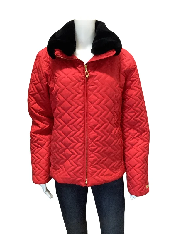 Obermeyer Women's Coat Red Quilted Faux Fur Trim Size: 12 Drape Front Waterfall Coat