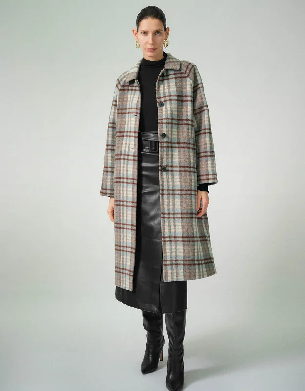 Plaid Straight Coat Belted Wool Overcoat