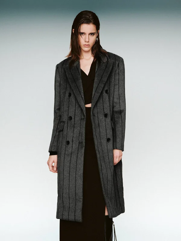 Striped Peak Lapel Longline Coat Hooded Raincoat Women