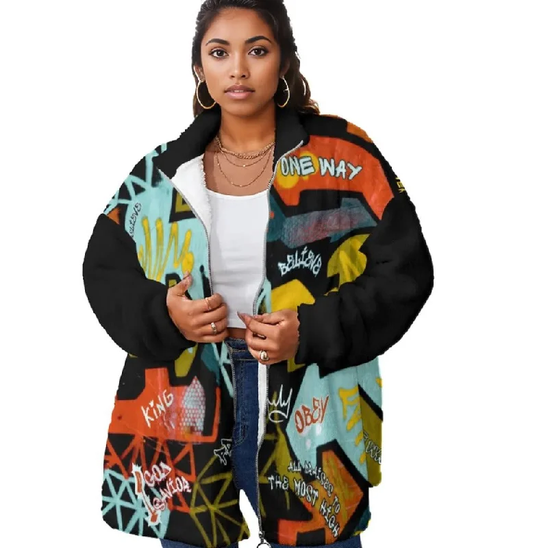 Unisex GRAFFITI GOD Borg Fleece Zipper Coat Embroidered Kimono Coat