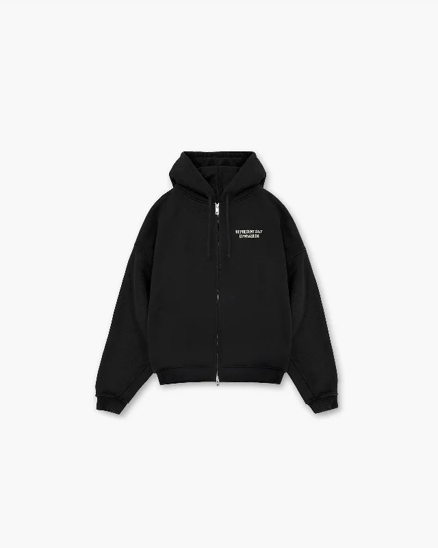 247 Gymnasium Boxy Zip Hoodie - Off Black Hoodie with Print Artistic Unique