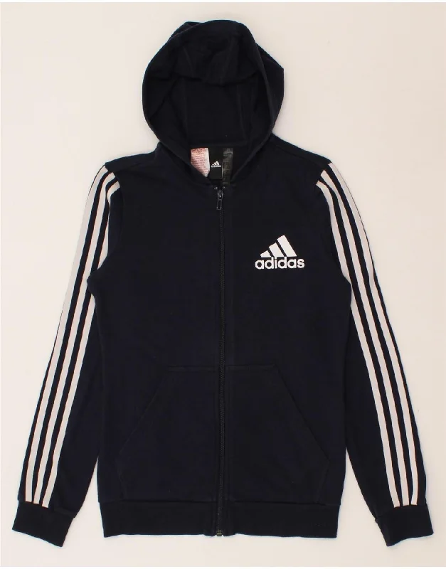 ADIDAS Boys Graphic Zip Hoodie Sweater 13-14 Years Navy Blue Cotton Hoodie with Tied Waist Feminine Flattering