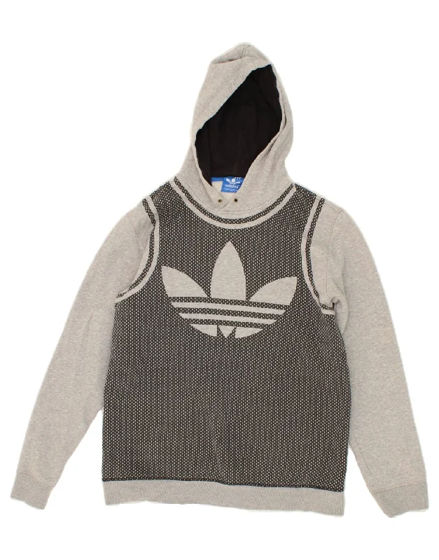 ADIDAS Mens Graphic Hoodie Jumper Medium Grey Colourblock Cotton Hoodie with Applique Textured Unique