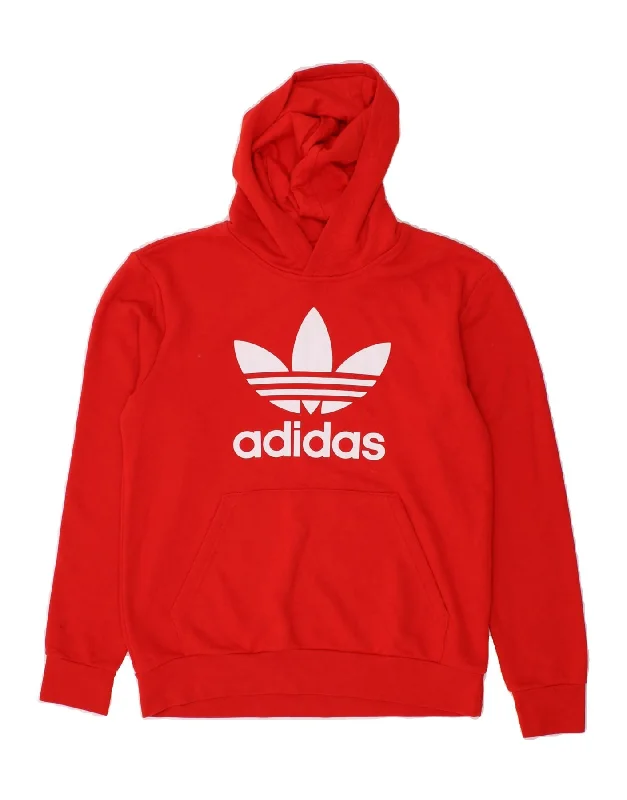 ADIDAS Womens Graphic Hoodie Jumper UK 10 Small Red Cotton Hoodie with Raw Hem Edgy Unfinished