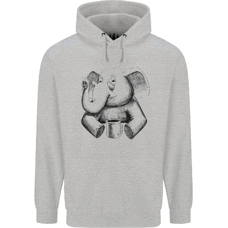 An Elephant Drinking Coffee Mens 80% Cotton Hoodie Hoodie with Button Placket Classic Preppy