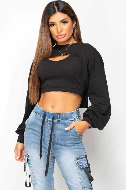 Black Cut Out Front Two Piece Sweatshirt Hoodie with Typography Text Message