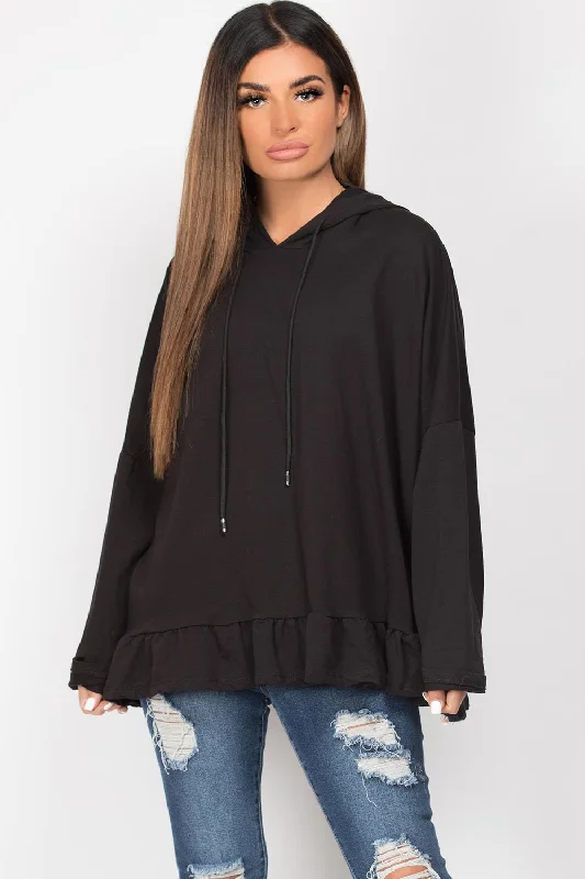 Black Frill Hem Oversized Hoodie Hoodie with Hem Raw Edge Edgy Unfinished