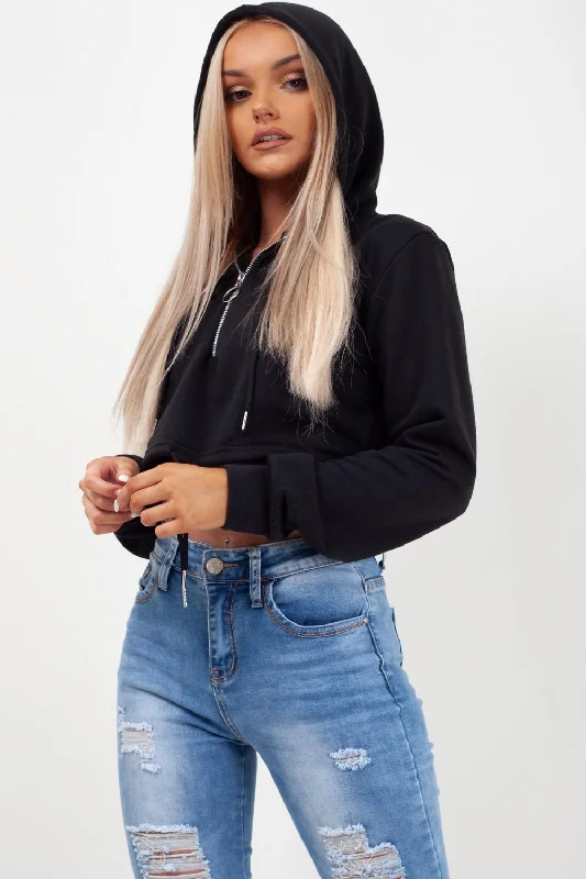 Black Oversized Crop Hoodie Hoodie with Hem Embroidery Detailed Premium