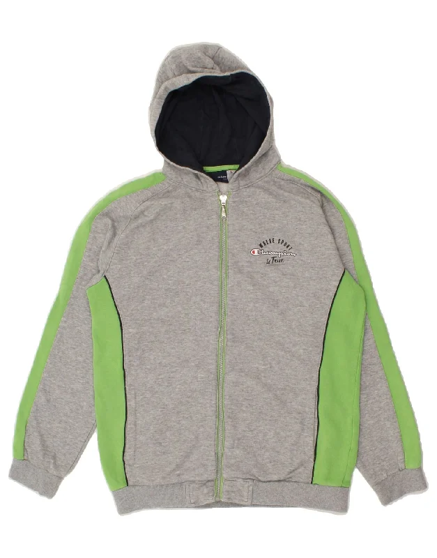 CHAMPION Boys Graphic Zip Hoodie Sweater 11-12 Years Large Grey Hoodie with Stripes Bold Sporty