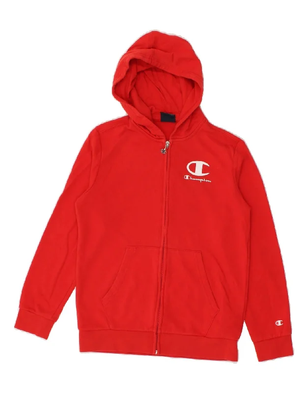 CHAMPION Boys Graphic Zip Hoodie Sweater 11-12 Years Large Red Cotton Hoodie Sweatshirt Pullover