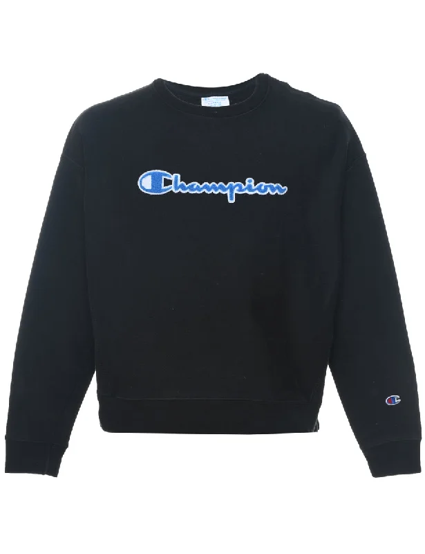 Champion Reverse Weave Black Embroidered Sweatshirt - XL Hoodie with Side Slits Relaxed Casual