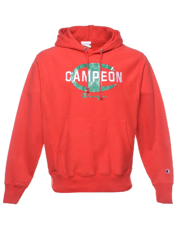 Champion Reverse Weave Red Printed Hoodie - M Hoodie with Longline Fit Extended Stylish