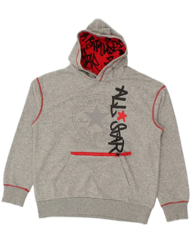 CONVERSE Boys Graphic Hoodie Jumper 12-13 Years Large Grey Cotton Hoodie with Hem Embroidery Detailed Premium