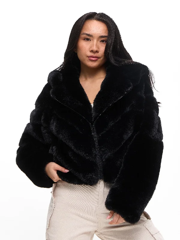 Cruellafree Faux Fur Coat - Black Drape Front Waterfall Coat