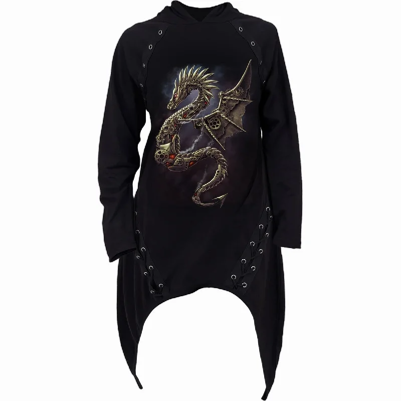 DRAGON COGS - Lace-up Sherwood Hoody with Teardrop Hem Zip Hoodie Drawstring Kangaroo Pocket