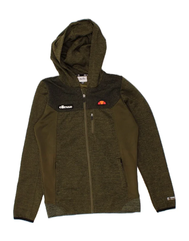 ELLESSE Boys Graphic Zip Hoodie Sweater 12-13 Years Large Khaki Polyester Hoodie with Stripes Bold Sporty