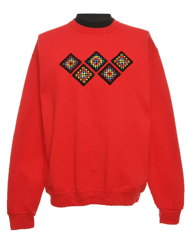 Embroidered Red & Black Sweatshirt - L Hoodie with Hem Fringe Bohemian Relaxed