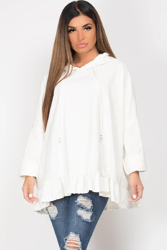 Frill Hem Oversized Hoodie Cream Hoodie with Hem Lace Feminine Delicate