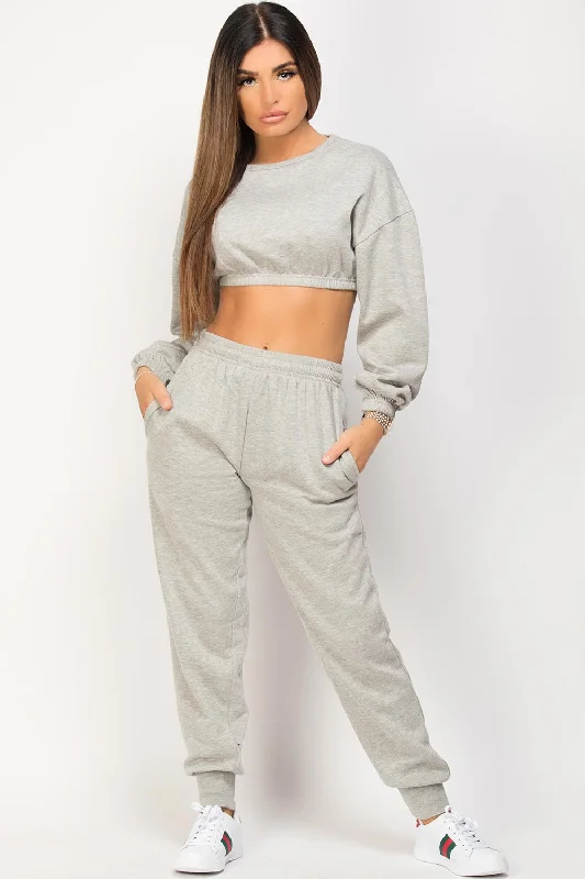 Grey Crop Sweatshirt And Joggers Loungewear Set Hoodie with Cropped Fit Short Trendy