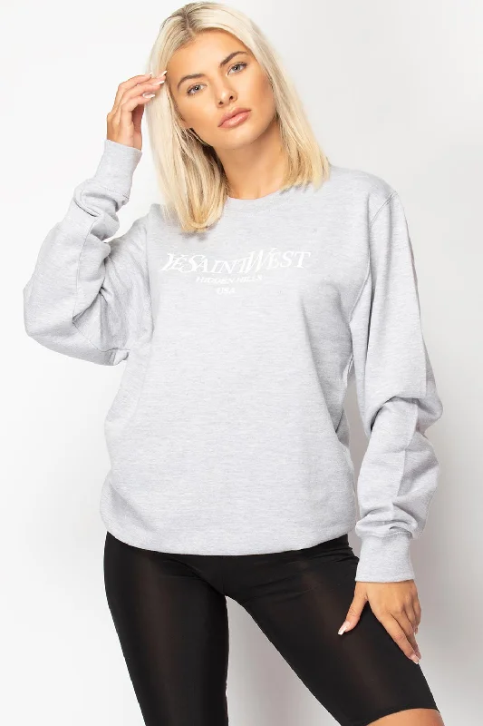 Grey Ye Saint West Slogan Oversized Sweatshirt Hoodie with Bell Sleeves Flared Feminine