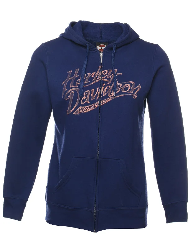 Harley Davidson Hooded Navy & Peach Y2K Track Top - S Cotton Hoodie Fleece Lining Warmth