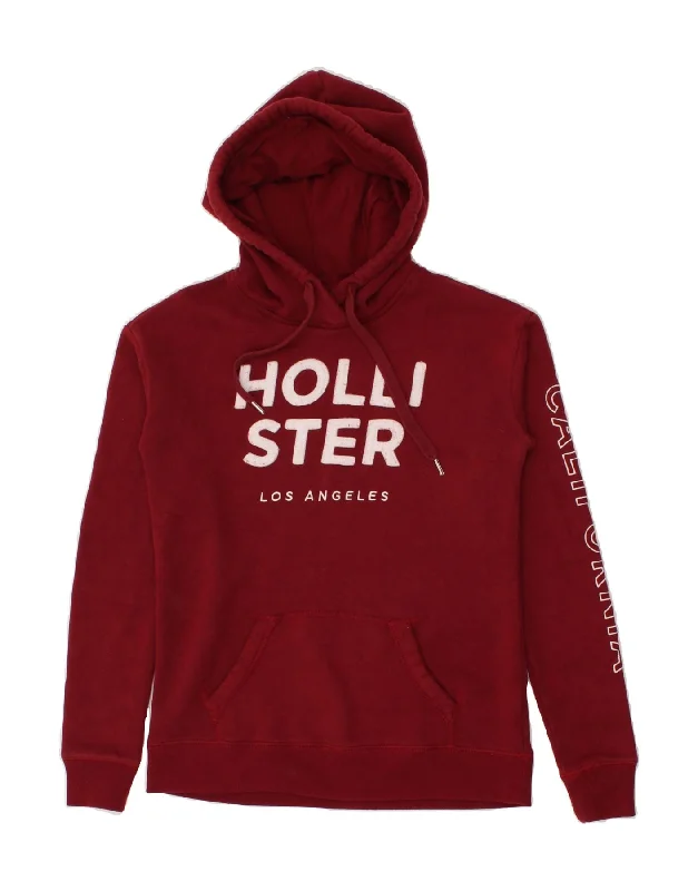 HOLLISTER Womens Loose Fit Graphic Hoodie Jumper UK 6 XS Burgundy Cotton Hoodie with Rolled Sleeves Casual Relaxed