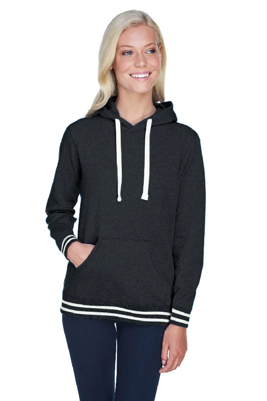 J America Womens Relay Sueded Fleece Hooded Sweatshirt Hoodie - Black/White Hoodie with Hem Elastic Stretchable Comfortable