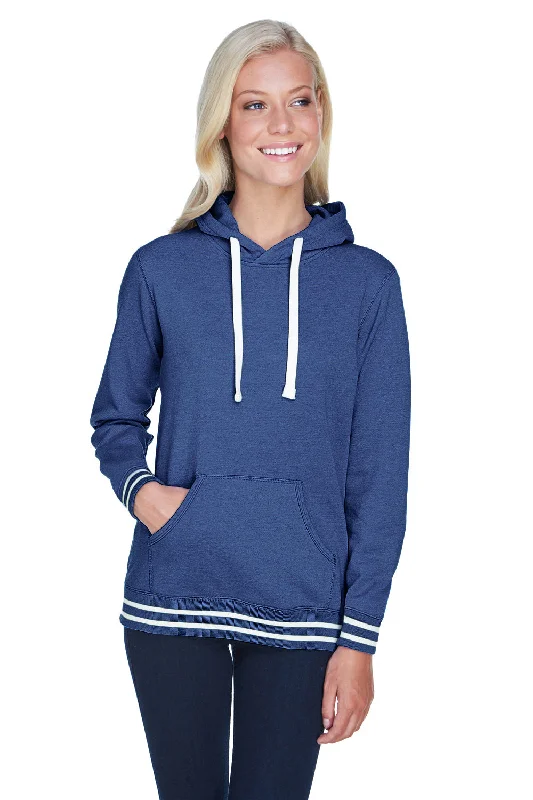 J America Womens Relay Sueded Fleece Hooded Sweatshirt Hoodie - Navy Blue/White - Closeout Hoodie with Drawstring Waist Adjustable Fitted