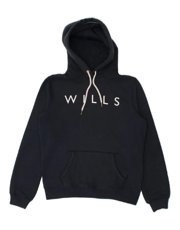 JACK WILLS Womens Graphic Hoodie Jumper UK 12 Medium Navy Blue Cotton Hoodie with Drop Shoulder Relaxed Streetwear