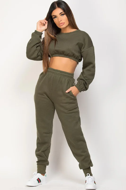 Khaki Crop Sweatshirt And Joggers Loungewear Set Hoodie with Cuffed Sleeves Snug Secure