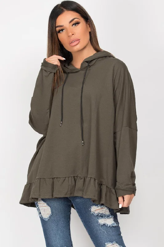 Khaki Frill Hem Oversized Hoodie Hoodie with Slit Hem Functional Movement